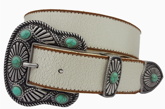 Witte vintage leren riem met westerse gesp