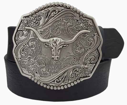 Western riem met zilvere buckle longhorn zwart