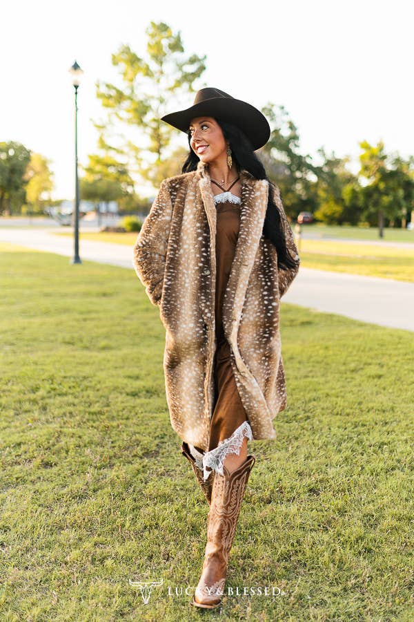 Spotted Cowgirl Faux Fur Coat – Bruine Western namaak Bontjas