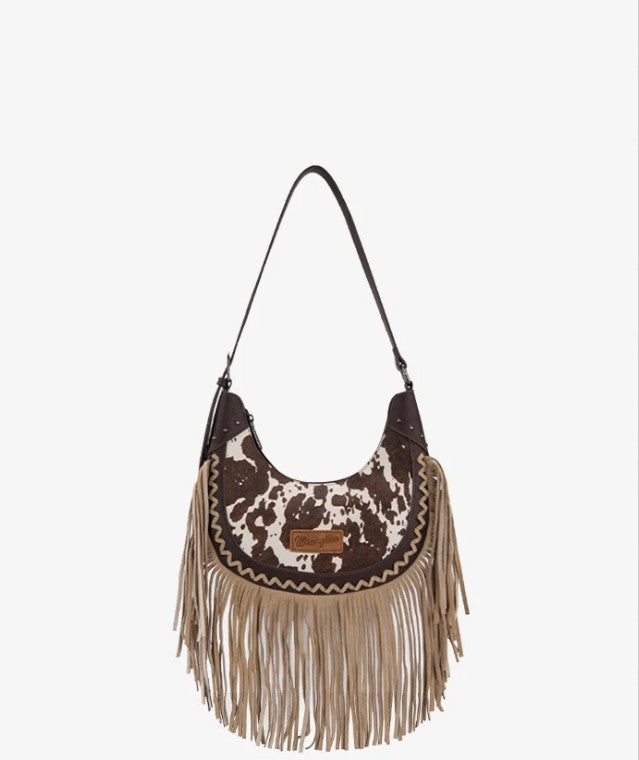 Wrangler Cow Print Fringe Hobo Bag